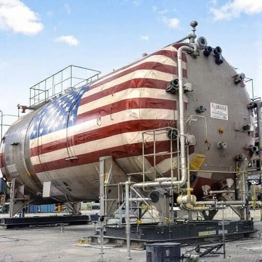 ASME pressure vessel painted with an American flag, mounted on a platform with piping and ladders outdoors