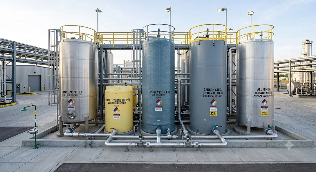 Ethylene glycol storage tanks made from stainless steel, carbon steel, FRP, polyethylene, and aluminum showing material selection for safe chemical storage