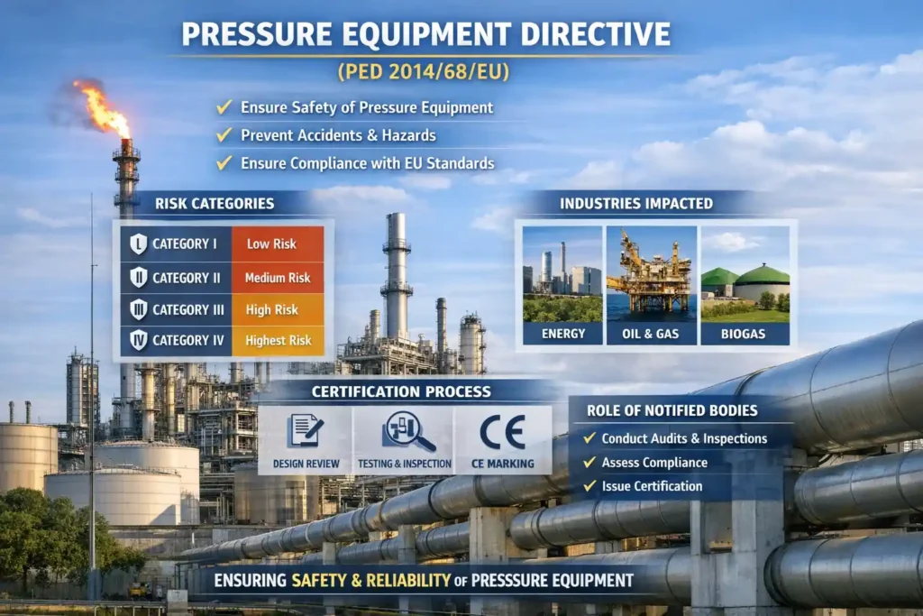 An infographic explaining the Pressure Equipment Directive (PED) 2014/68/EU, focusing on risk categories, safety standards, and the PED certification process for pressure vessels in industries such as biogas, energy, and oil & gas.