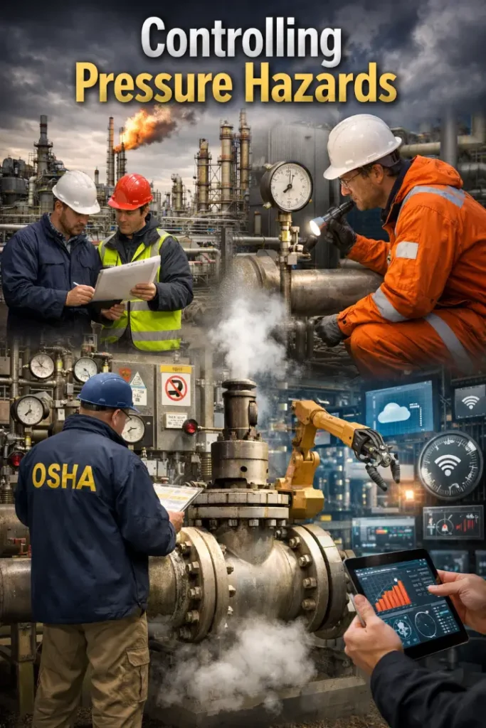 Diagram illustrating pressure hazard control in industrial settings, highlighting risk assessments, OSHA compliance, and modern technologies like IoT and automation to prevent failures in oil, gas, and chemical industries.