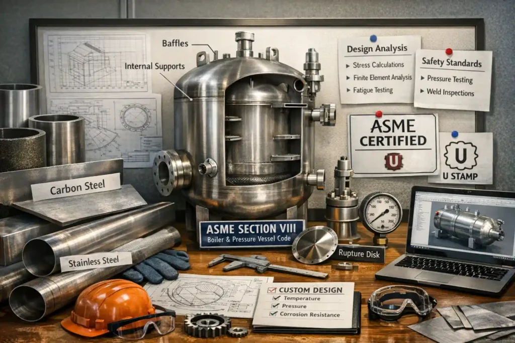 Diagram of pressure vessel design process showing material selection, safety features, and engineering principles used at Red River LLC to ensure compliance with ASME Section VIII.