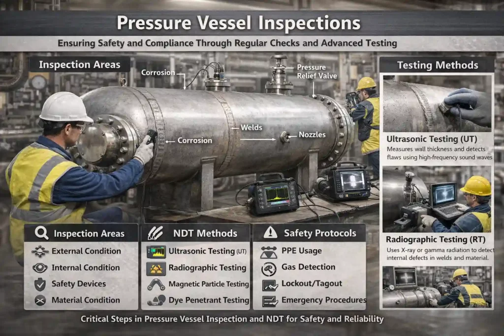 A professional inspecting a pressure vessel using advanced non-destructive testing methods like ultrasonic and radiographic techniques, ensuring compliance with safety and regulatory standards.