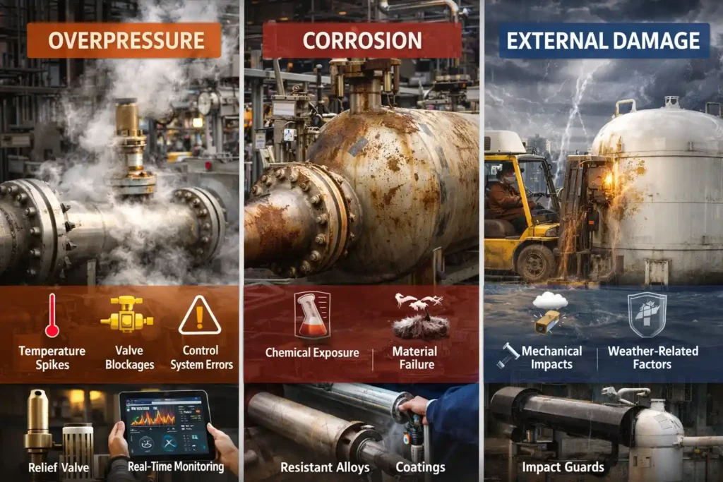 Diagram showing the three major hazards of pressure vessels: overpressure, corrosion, and external damage, with corresponding prevention methods including relief valves, resistant materials, and physical guards.