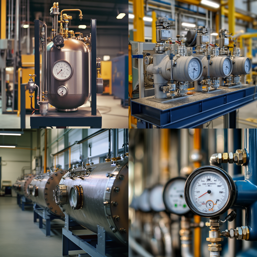 Industrial pressure vessels and gauge systems in a manufacturing facility, showing detailed mechanical components