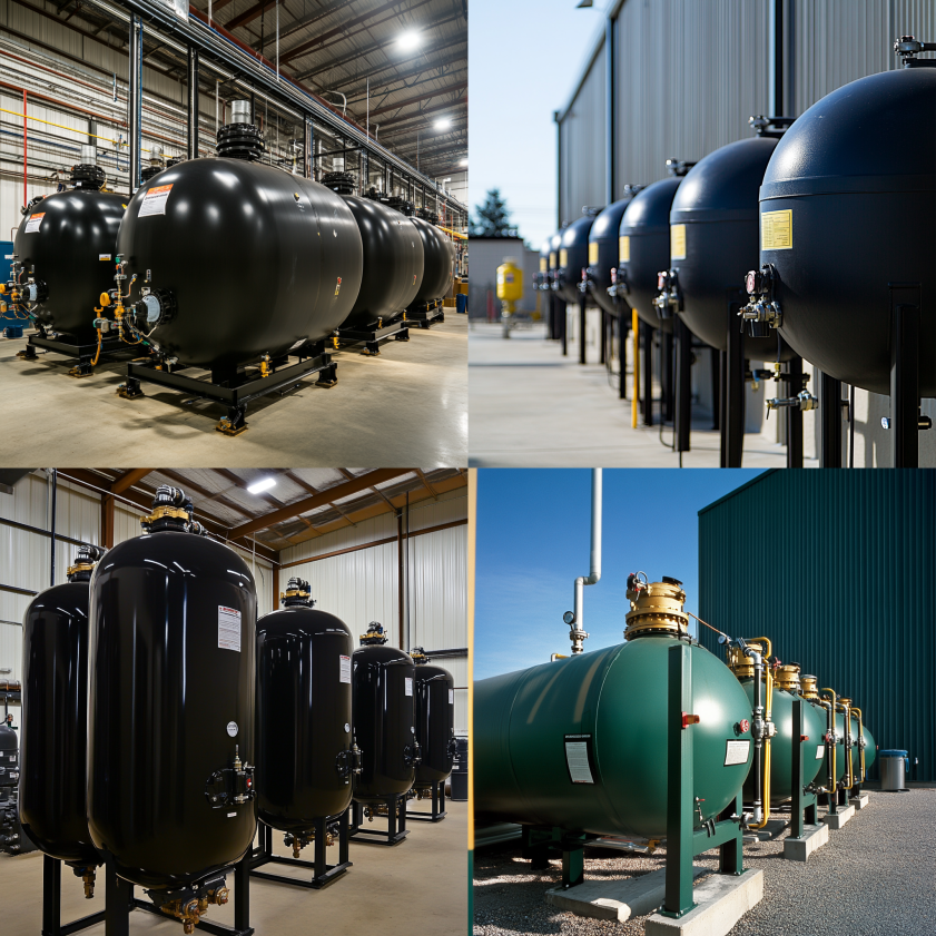 Diagram showing an air receiver tank in a compressed air system, highlighting benefits like pressure stability, energy efficiency, and moisture separation.