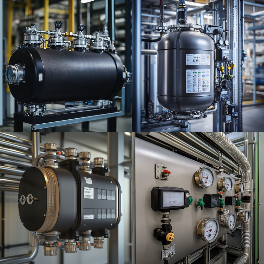 Industrial equipment with pressure vessels, gauges, and control systems in a manufacturing or processing facility