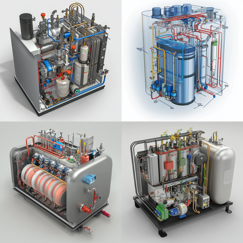 Collage of four skid-mounted industrial process systems with tanks, pumps, valves, and intricate piping configurations.