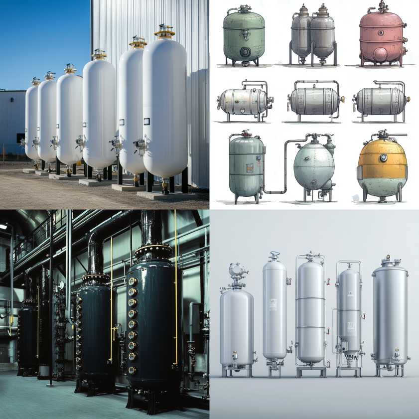 A lineup of air receiver tanks in different sizes and orientations.