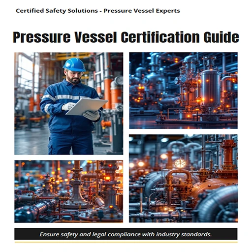 Man in blue safety gear and helmet holding a clipboard in a pressure vessel facility with detailed images of industrial pressure vessels, pipes, valves, and gauges glowing with orange lights.