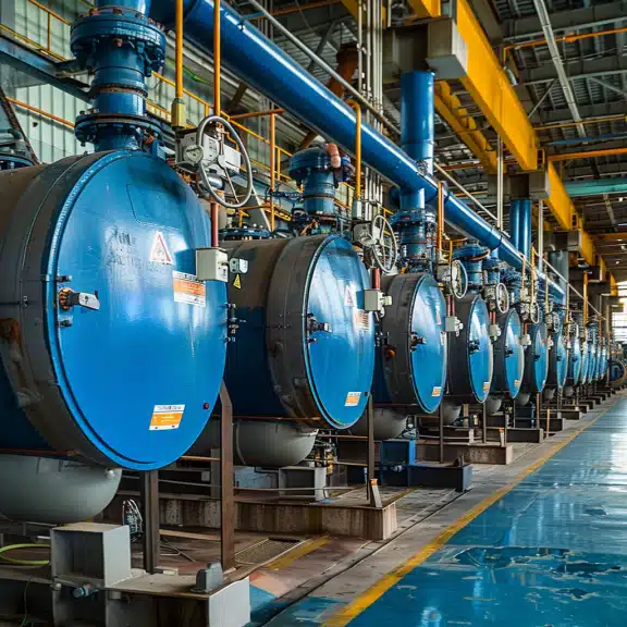 Large geotagged industrial pressure vessel outdoors at a worksite, showing structural details and surrounding equipment for engineering documentation.