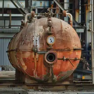 Rusty industrial pressure vessel with a gauge, pipes, and valves, showing signs of corrosion and wear in a factory setting.