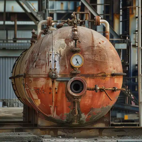 Rusty industrial pressure vessel with a gauge, pipes, and valves, showing signs of corrosion and wear in a factory setting.