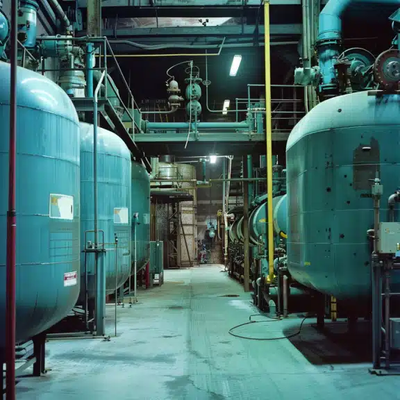 Interior of an industrial facility with large blue pressure vessels, overhead piping, and maintenance platforms.