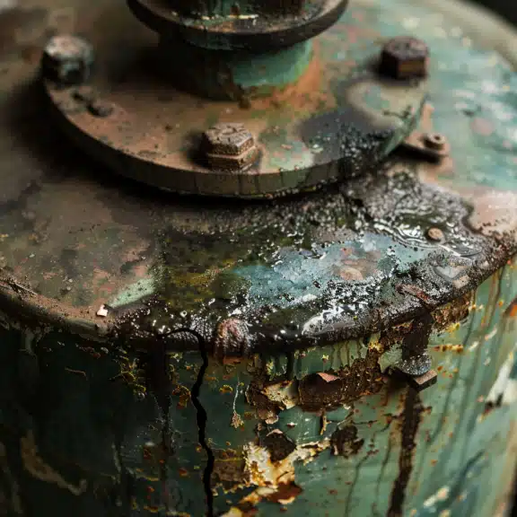 Close-up of a rusted pressure vessel with water droplets and peeling paint, showing signs of corrosion.