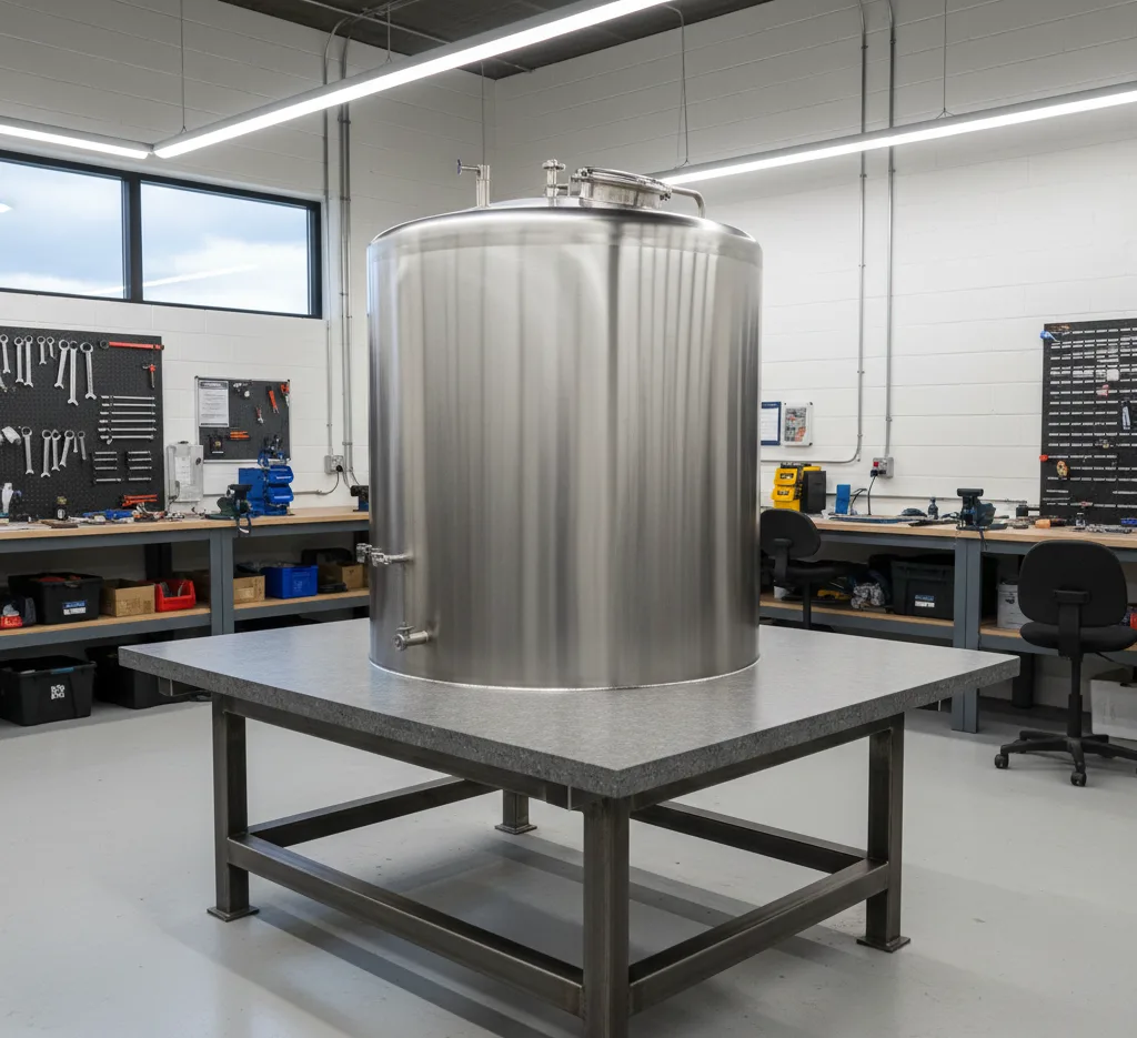 A large metal tank sitting on top of a table
