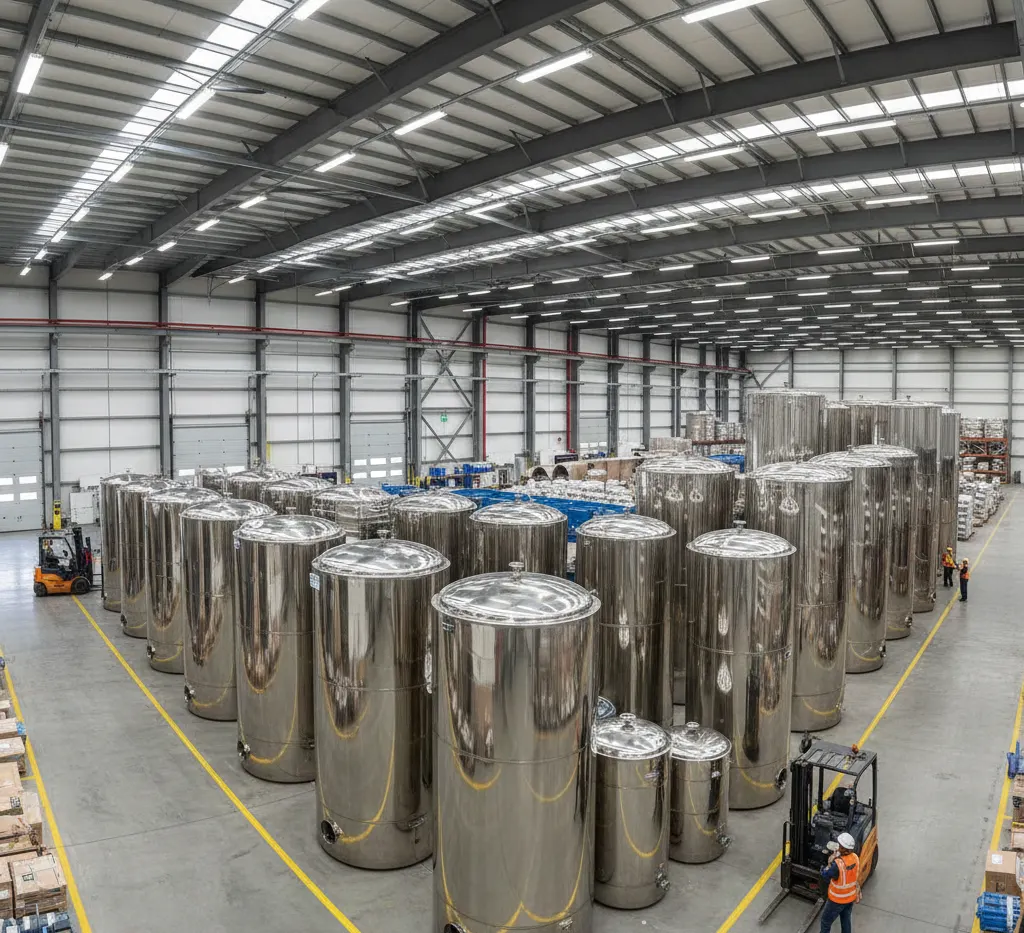 a large stainless steel tank in a warehouse