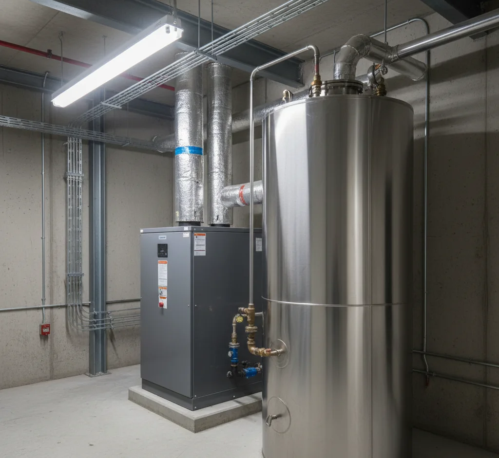 a large stainless steel tank next to a heater