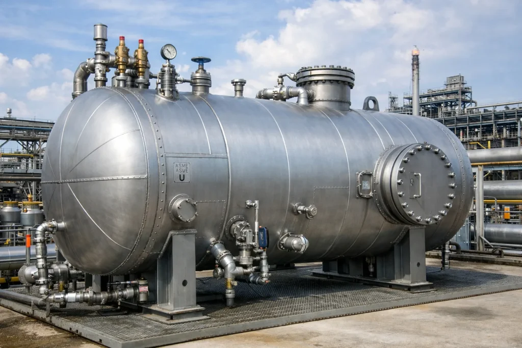 Industrial glycol tank pressure vessel with safety valves and welded steel construction for oil, gas, and power plant cooling systems.
