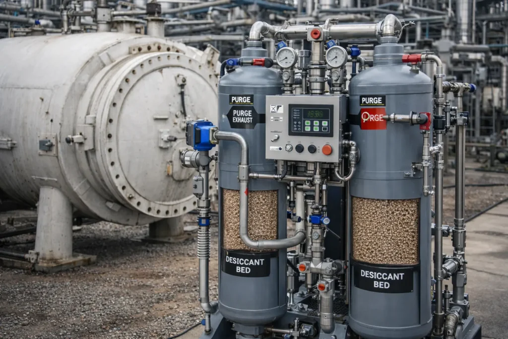 Industrial desiccant dryer with connected pressure vessel showing purge valves and desiccant bed for moisture removal.