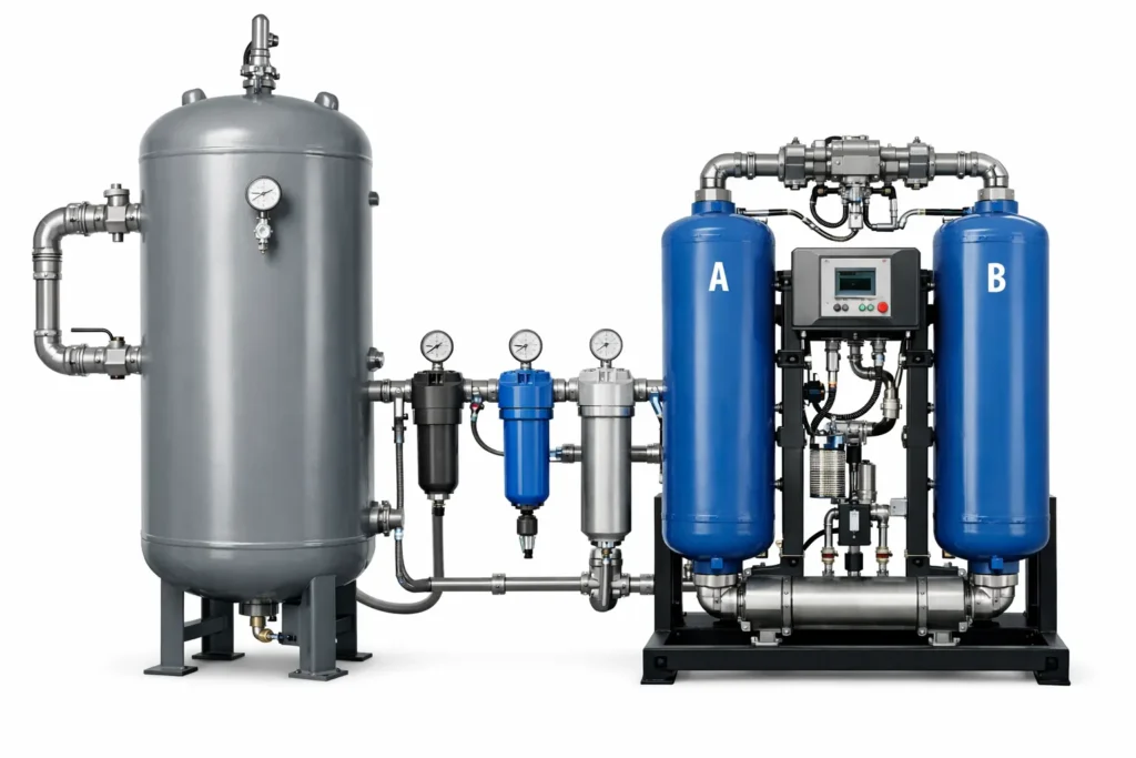 Industrial pressure vessel with attached desiccant dryer system and piping for moisture control in compressed air processing.