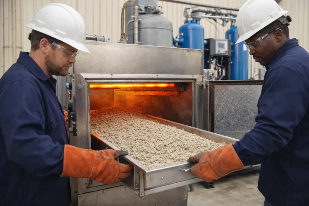 Rejuvenated desiccant material used in an industrial adsorption dryer connected to a pressure vessel for moisture control.
