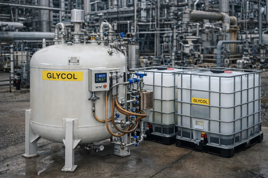 Industrial pressure vessel storing glycol with temperature control and ventilation systems to ensure safe chemical storage.