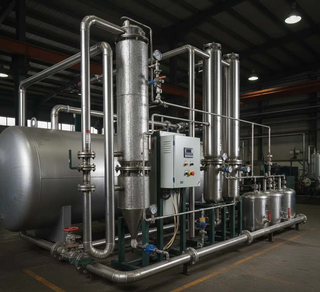 Industrial desiccant dryer with dual towers connected to compressed air pressure vessels and receiver tanks for moisture control in a high-pressure system.