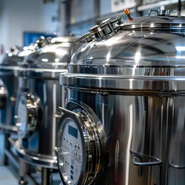 Shiny stainless steel industrial pressure vessels in a clean facility, equipped with gauges, valves, and inspection ports.