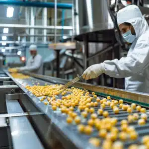 Workers in protective clothing inspect yellow food items on a conveyor belt in a brightly lit, sterile food processing plant.