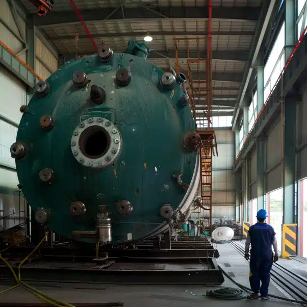 Large green industrial pressure vessel under construction inside a factory, with a worker in safety gear standing nearby.