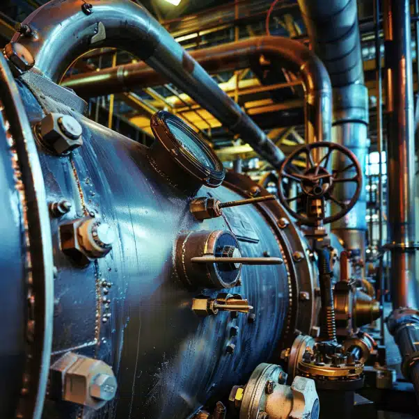Close-up of an industrial pressure vessel with gauges, bolts, and pipes in a factory setting under warm overhead lighting.