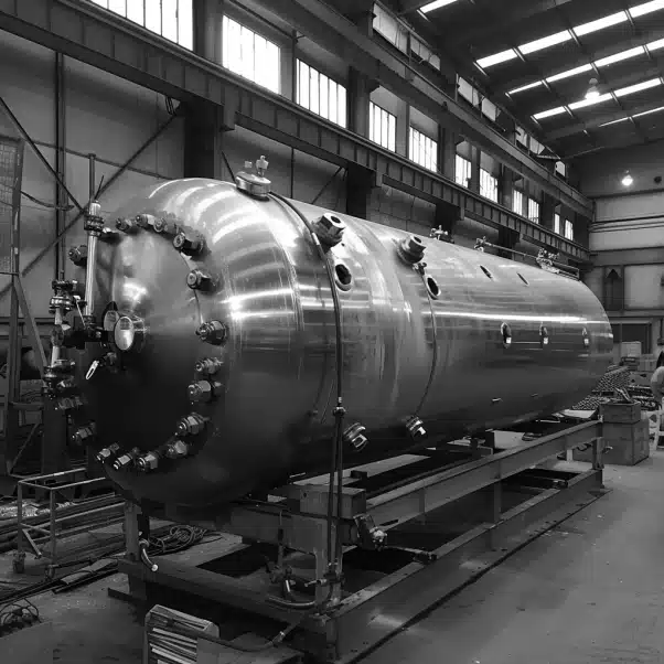 Large industrial stainless steel pressure vessel inside a spacious fabrication workshop, mounted on steel frame supports.