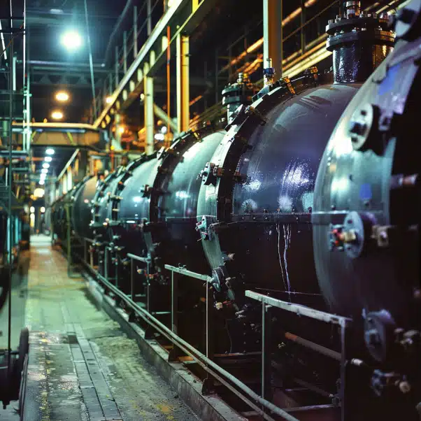 Row of industrial horizontal pressure vessels in a factory setting with pipes, lights, and maintenance platforms at night.