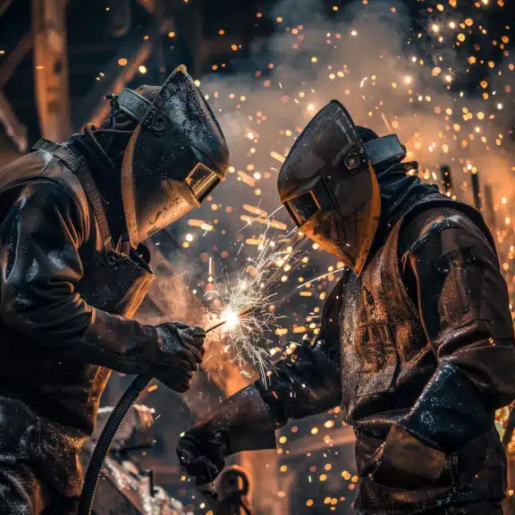 Two welders in protective gear work with intense sparks flying amid smoke in a dark, industrial workshop.