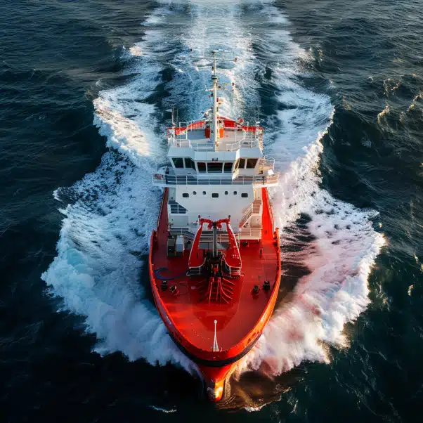 Aerial view of a large red ship with white and blue details sailing on the ocean, leaving a wake behind it.