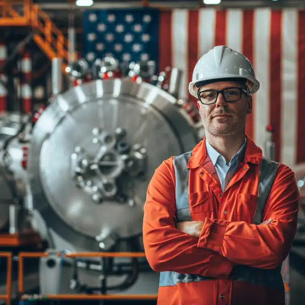 A man in a safety helmet and orange jacket stands in front of an industrial machine with an American flag in the background.