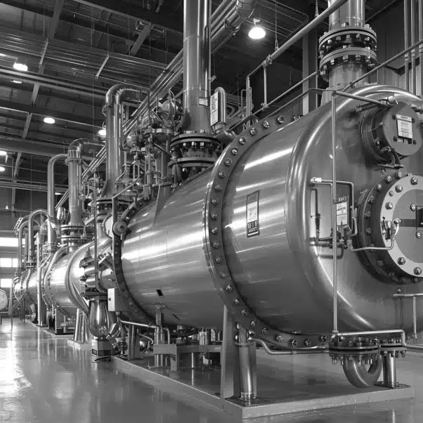 Industrial facility with pressure vessels and interconnected pipes, highlighting complex piping and engineering systems.