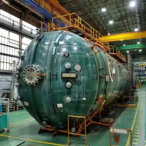 Industrial pressure vessel with multiple valves, meters, and an elevated platform inside a manufacturing facility.