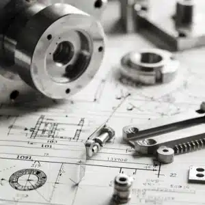 Close-up of mechanical parts, including gears, screws, and tools, placed on engineering blueprints for industrial design.