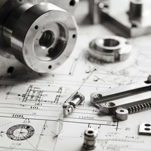 Close-up of mechanical parts, including gears, screws, and tools, placed on engineering blueprints for industrial design.