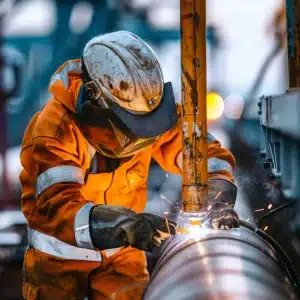 A worker wearing an orange safety suit and helmet is welding a metal pipe with sparks flying in an industrial setting.