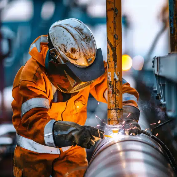 A worker wearing an orange safety suit and helmet is welding a metal pipe with sparks flying in an industrial setting.