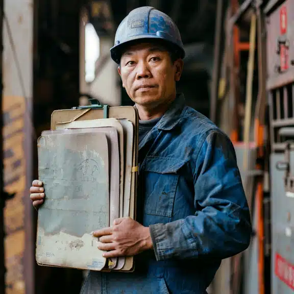 A man in a blue work uniform and helmet is holding a set of large, worn-out blueprints in a workshop environment.