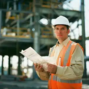 A construction worker in a helmet and safety vest holding a set of blueprints, standing in front of a building site.