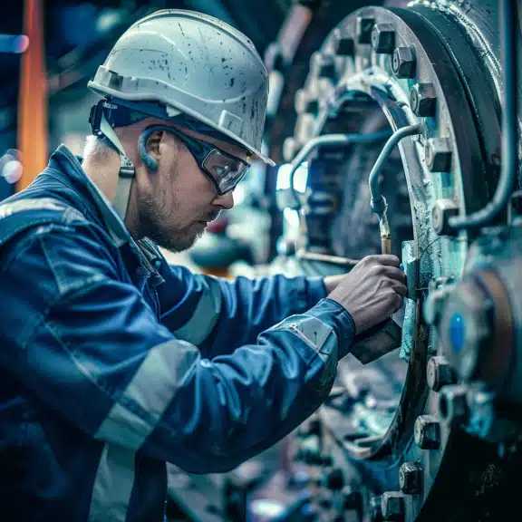 A worker in a safety helmet and protective gear carefully inspects and works on large industrial machinery.
