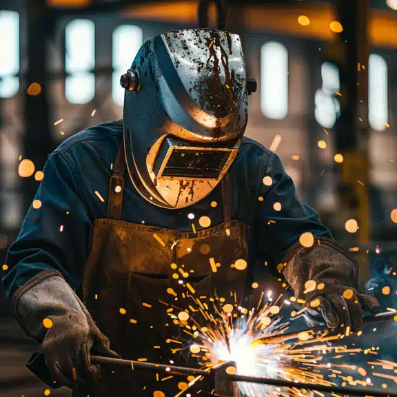 Welder working with a protective helmet, sparks flying as they weld metal in a workshop environment, focused on their task.