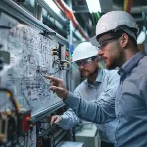 Two engineers in safety gear inspecting and analyzing an electrical system diagram in an industrial setting.