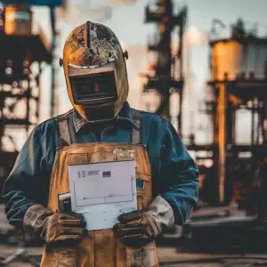 Welder in protective gear holding blueprints in a refinery with industrial equipment in the background during sunset.