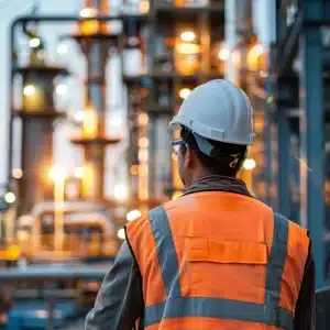 Construction worker in a helmet and safety vest overlooking an industrial plant at night with glowing lights and equipment.