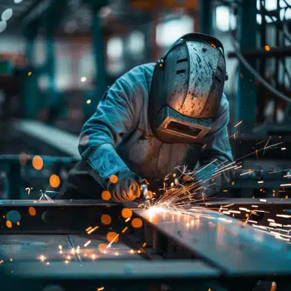 A welder working on a metal beam, sparks flying as they use a welding torch in a workshop environment.